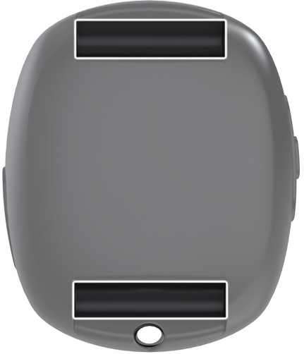 A photo of the silent beacon 2.o device highlighting the wristband attachment area