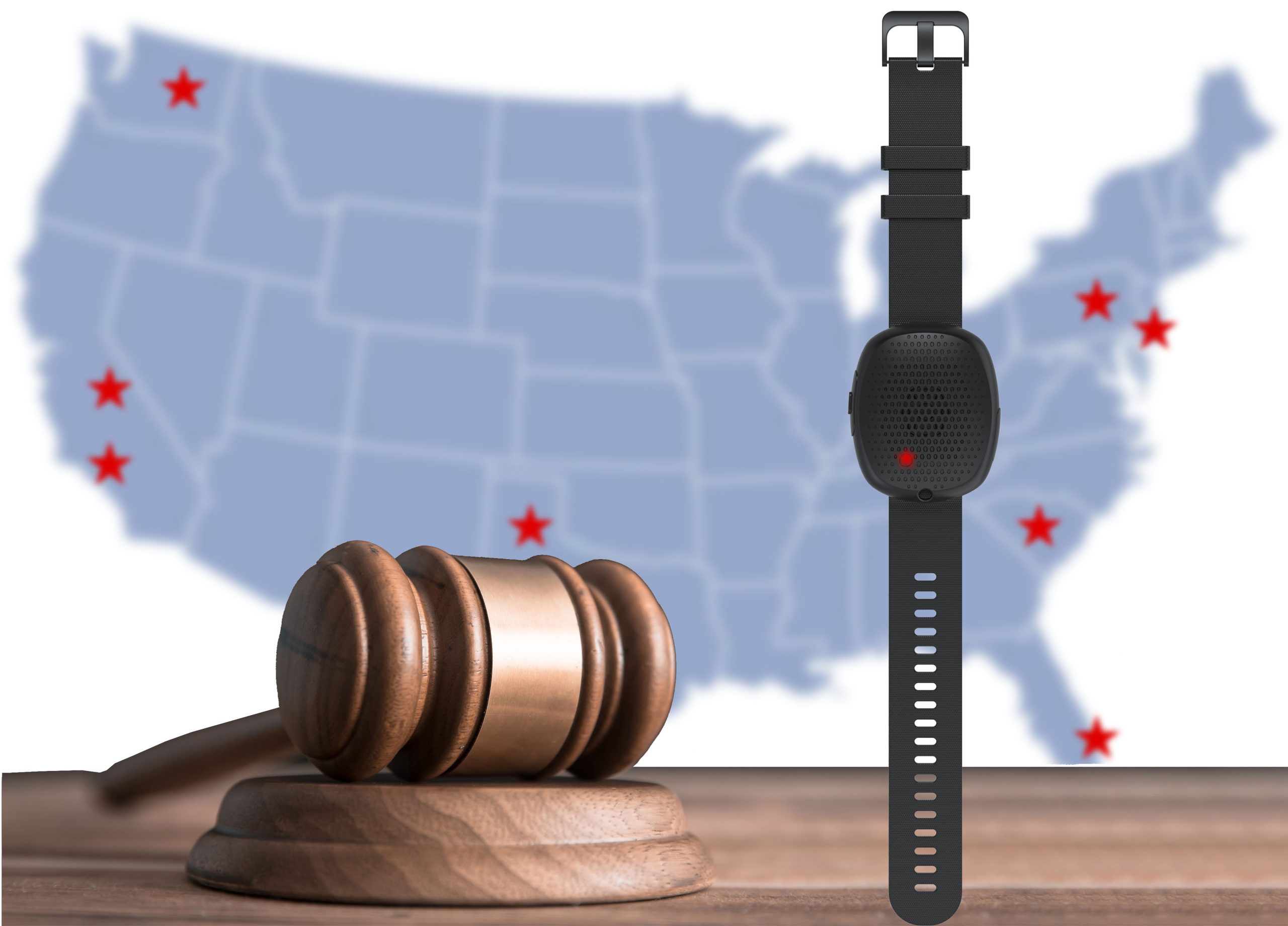 A silent beacon with wristband in the foreground with a legal gavel sitting on its side. In the background a map of the US with red stars over states that require panic buttons.