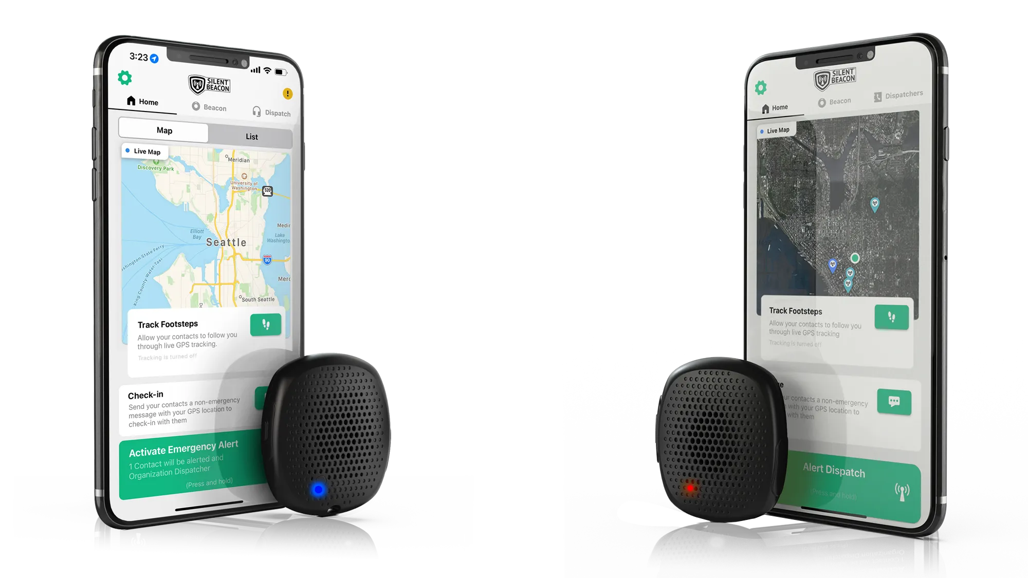 Two phones with Silent Beacon devices sitting on front. The Phones show the Silent Beacon App with the Map Screen open.