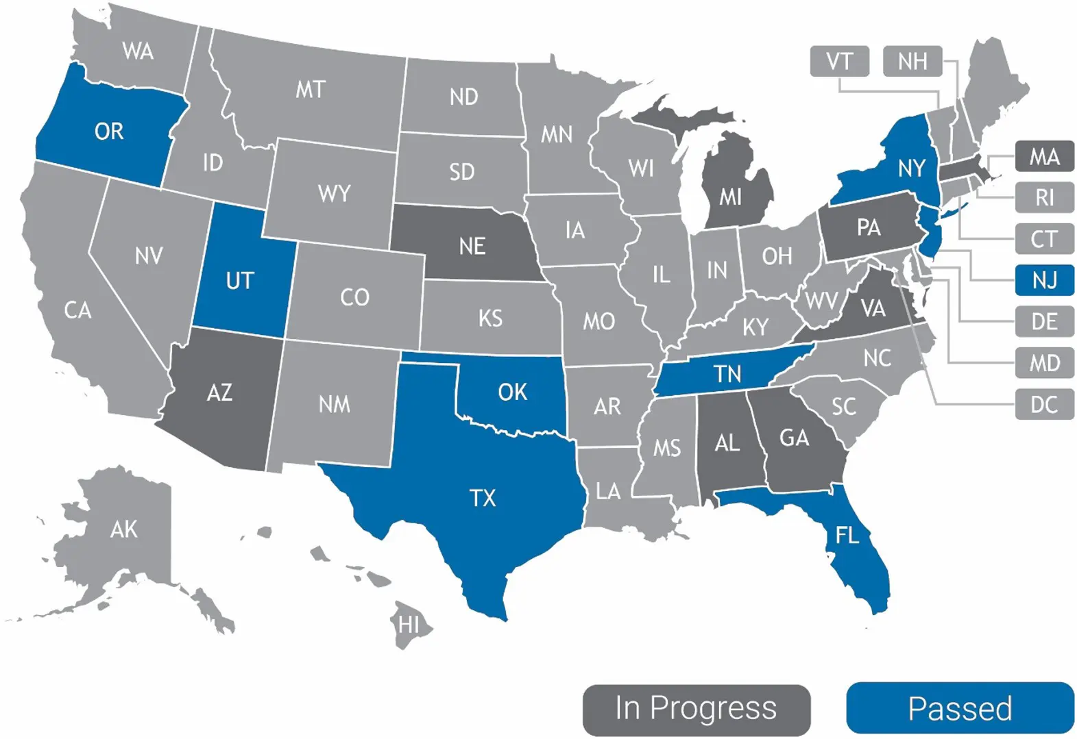 Map image to show where Alyssa's Law has passed in the United States.