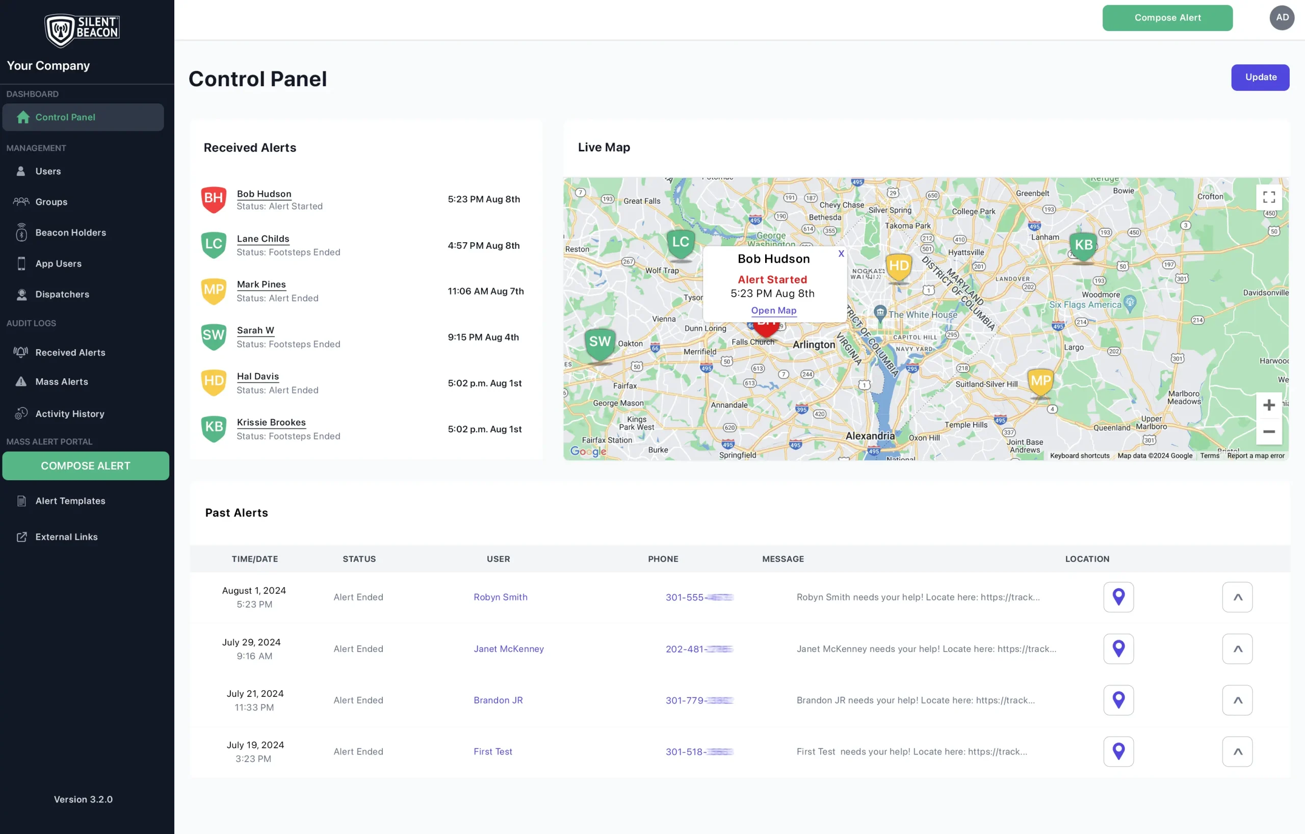 mass alert dashboard with information on alerts